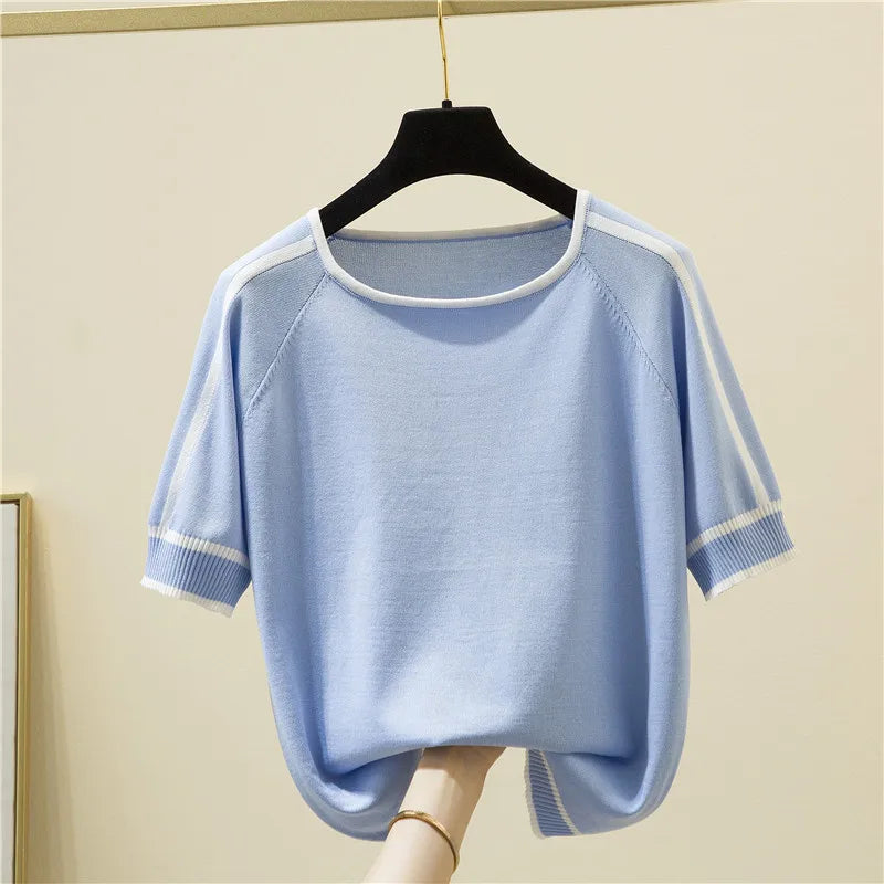 Casual Thin Knitted T-Shirt Camisetas Mujer Summer Short Sleeve Tops