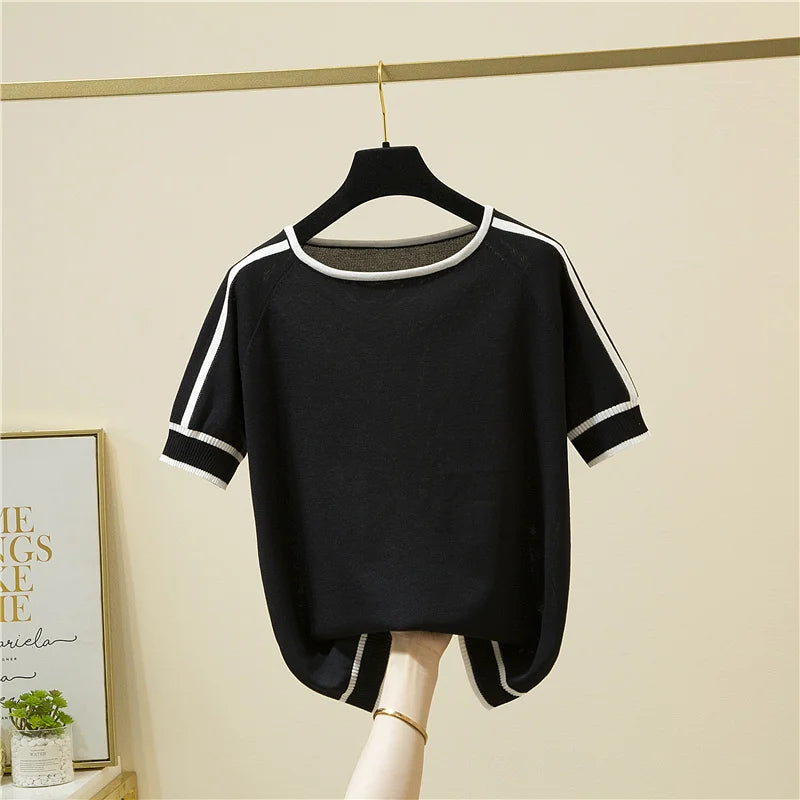 Casual Thin Knitted T-Shirt Camisetas Mujer Summer Short Sleeve Tops