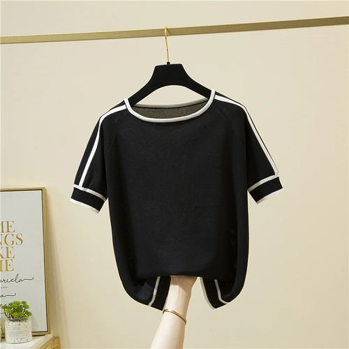 Casual Thin Knitted T-Shirt Camisetas Mujer Summer Short Sleeve Tops
