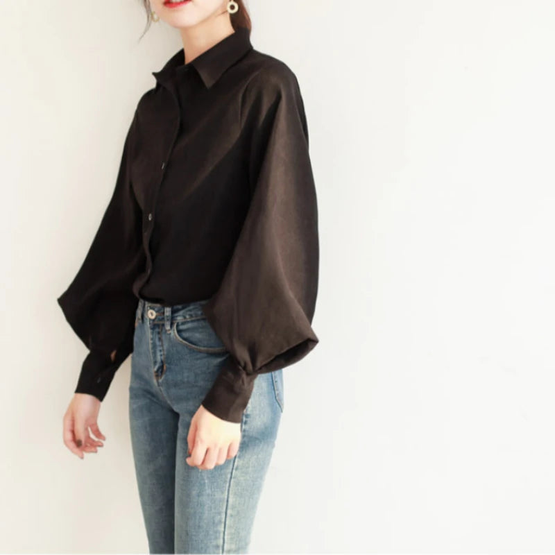 Spring Autumn Lantern Sleeve Elegant Women's White Blouse 2025 New