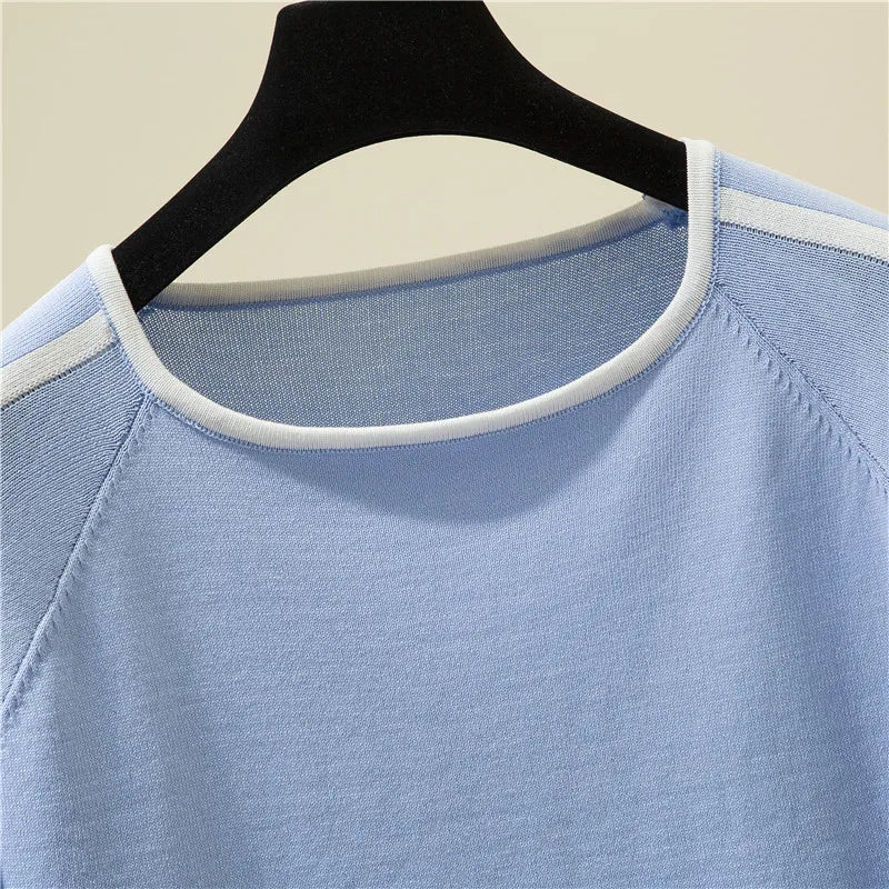 Casual Thin Knitted T-Shirt Camisetas Mujer Summer Short Sleeve Tops
