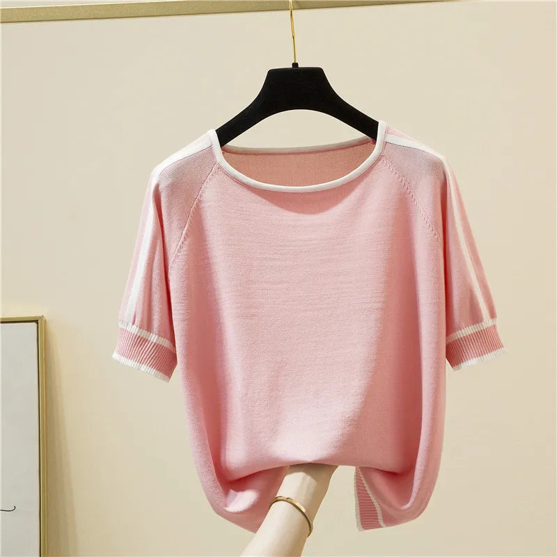 Casual Thin Knitted T-Shirt Camisetas Mujer Summer Short Sleeve Tops