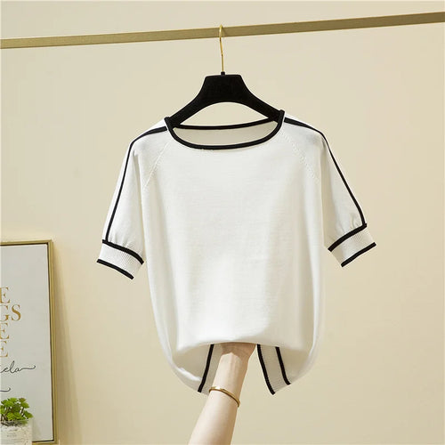 Casual Thin Knitted T-Shirt Camisetas Mujer Summer Short Sleeve Tops
