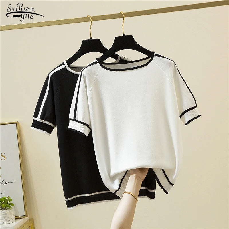 Casual Thin Knitted T-Shirt Camisetas Mujer Summer Short Sleeve Tops