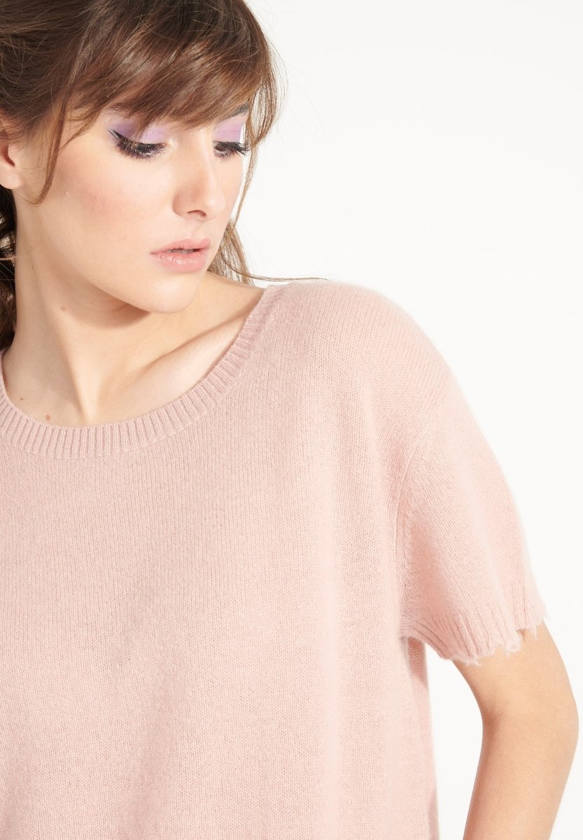 T-shirt col rond femme en cachemire déjaugé rose poudré - AVA 6