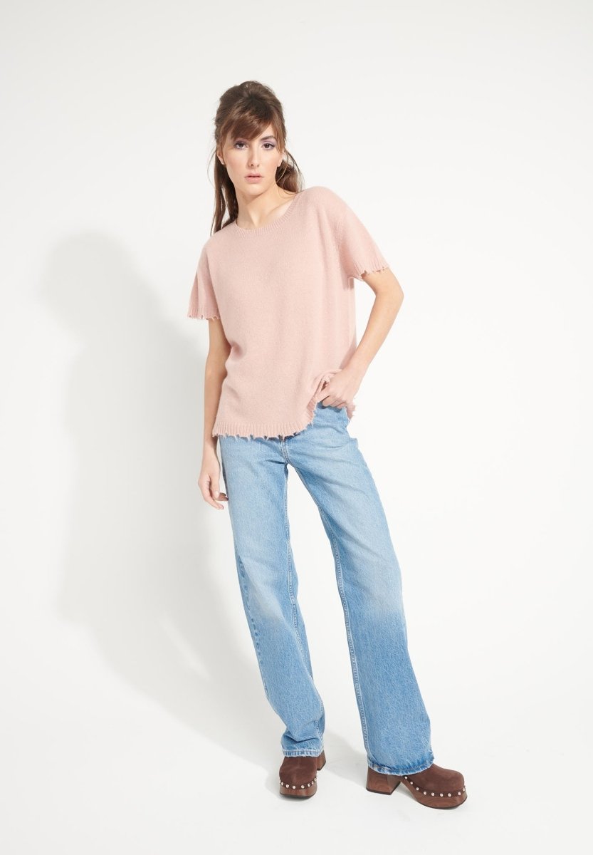 T-shirt col rond femme en cachemire déjaugé rose poudré - AVA 6