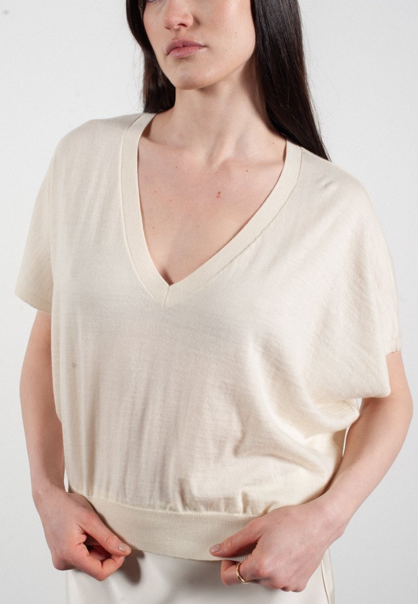 Pull col V à manches chauve souris femme en cachemire & laine ultrafin blanc - KELLY 6-1