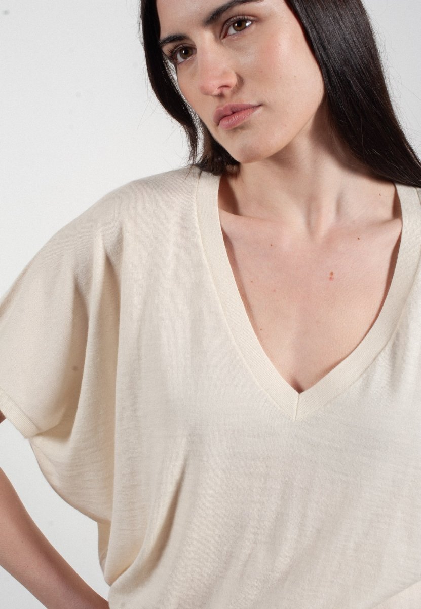 Pull col V à manches chauve souris femme en cachemire & laine ultrafin blanc - KELLY 6-4