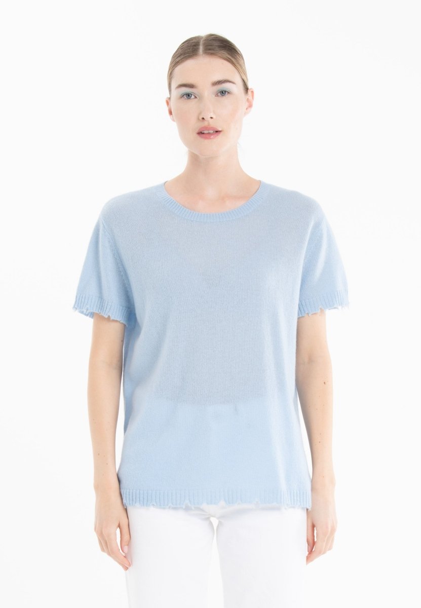 T-shirt col rond femme en cachemire déjaugé baby blue - AVA 6-0