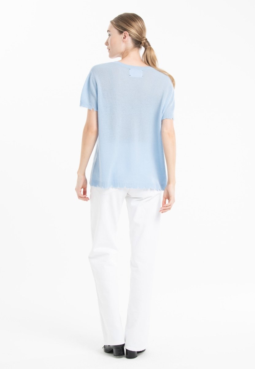 T-shirt col rond femme en cachemire déjaugé baby blue - AVA 6-2