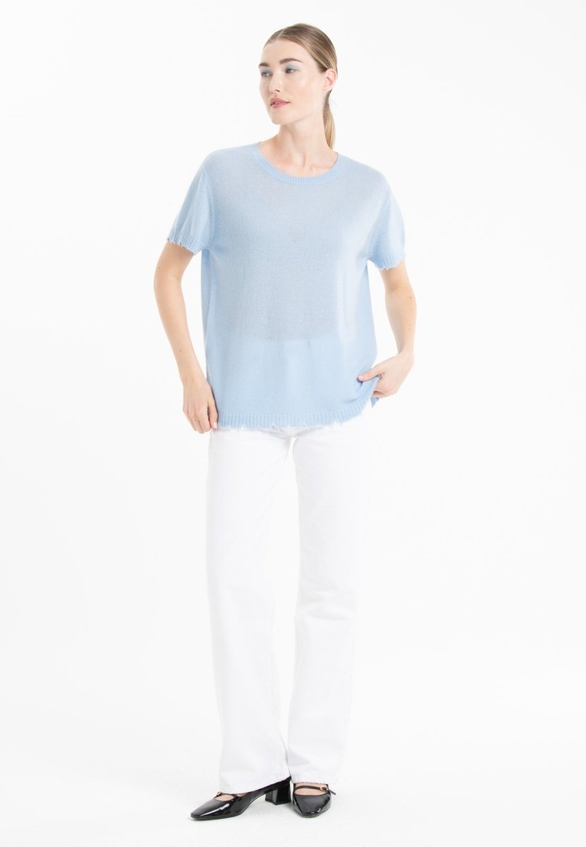 T-shirt col rond femme en cachemire déjaugé baby blue - AVA 6-1