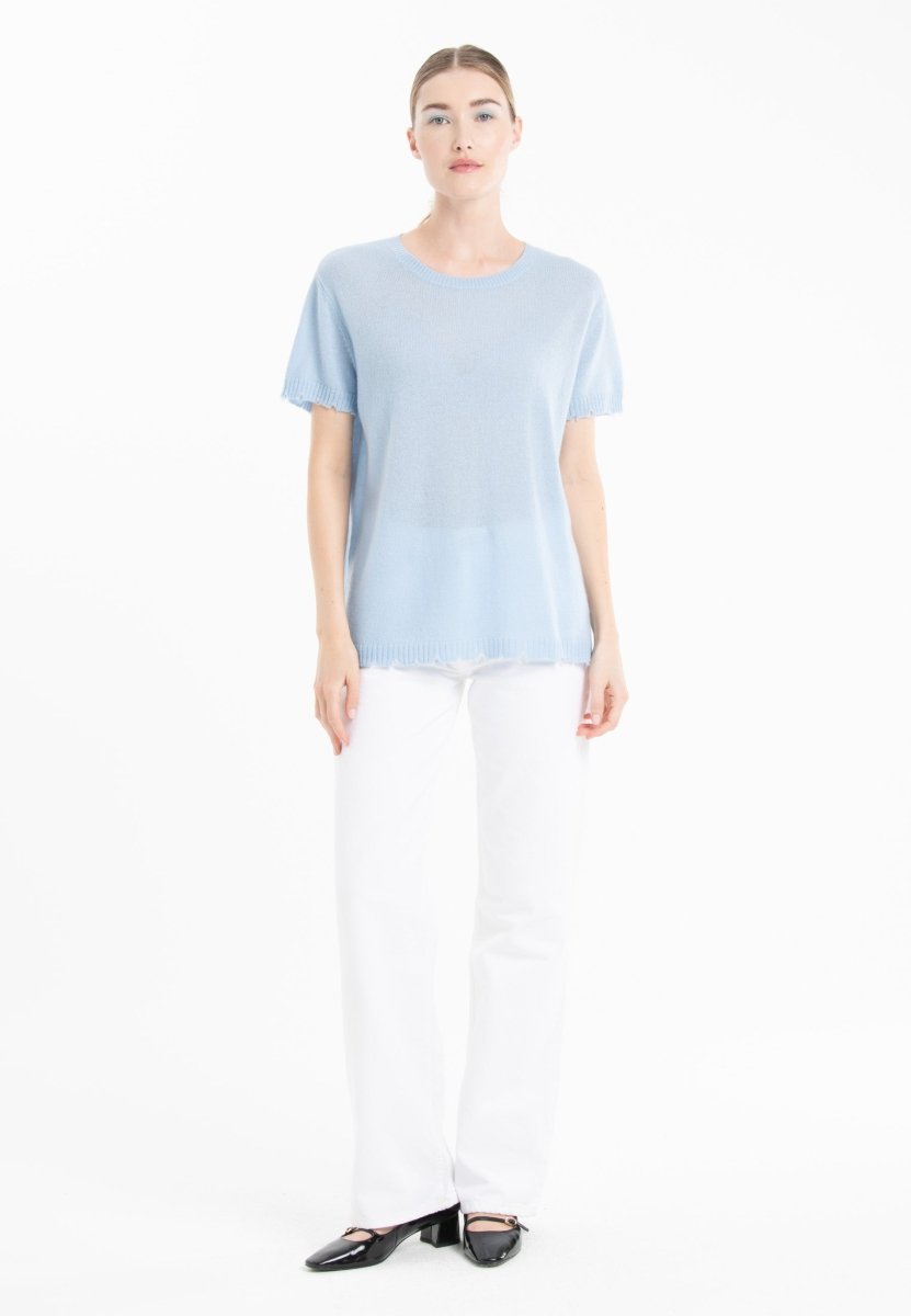 T-shirt col rond femme en cachemire déjaugé baby blue - AVA 6-4