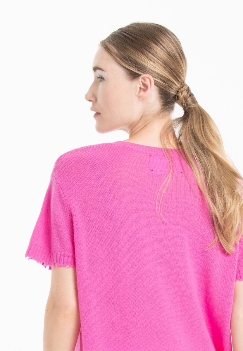 T-shirt col rond femme en cachemire déjaugé rose barbie - AVA 6-3