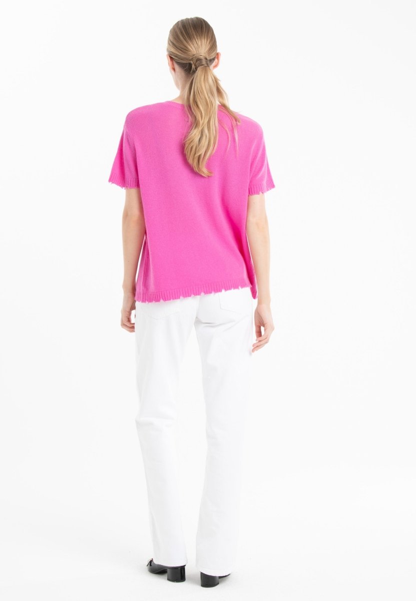 T-shirt col rond femme en cachemire déjaugé rose barbie - AVA 6-2