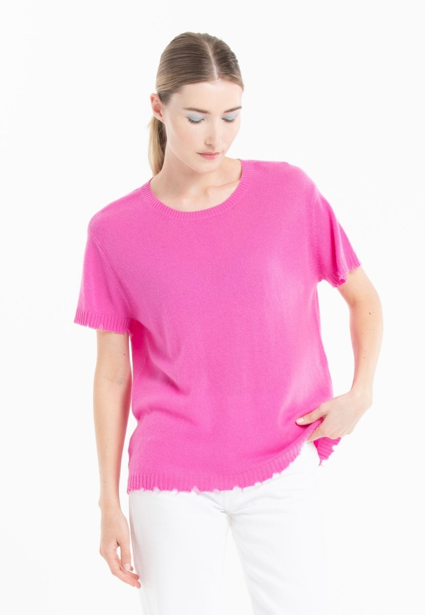 T-shirt col rond femme en cachemire déjaugé rose barbie - AVA 6-0