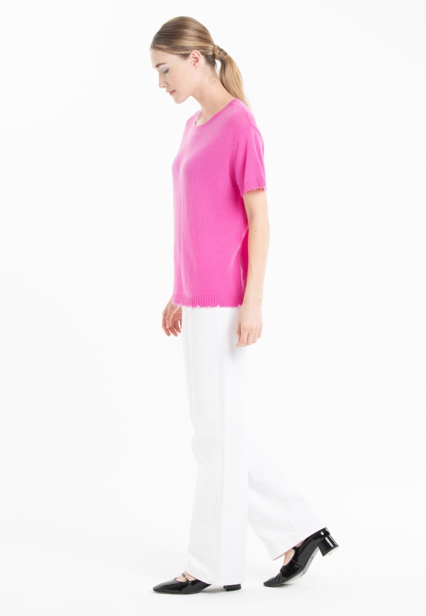 T-shirt col rond femme en cachemire déjaugé rose barbie - AVA 6-1