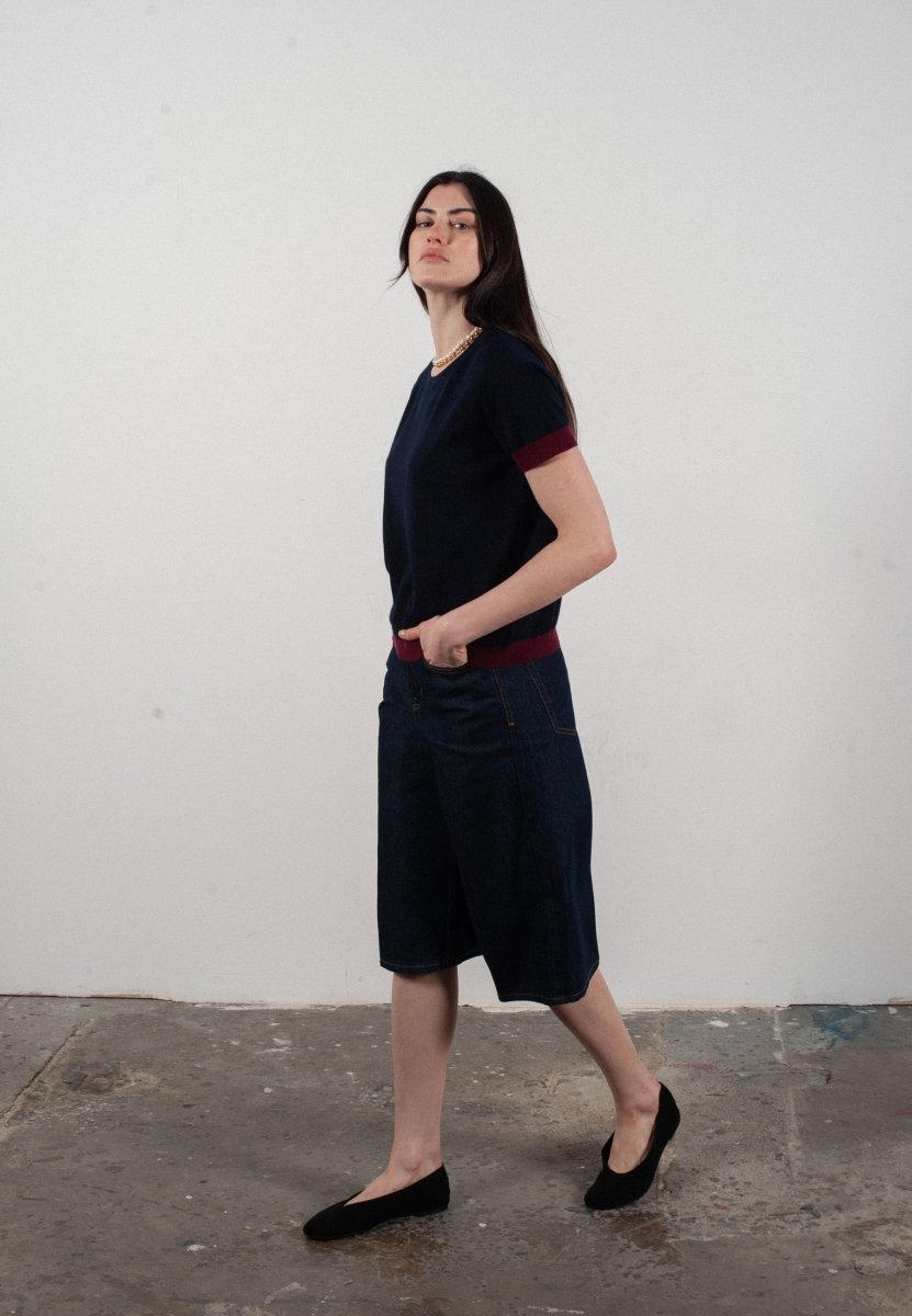 T shirt col rond manches courtes femme en cachemire & laine ultrafin bleu marine & rouge bordeaux - KELLY 1