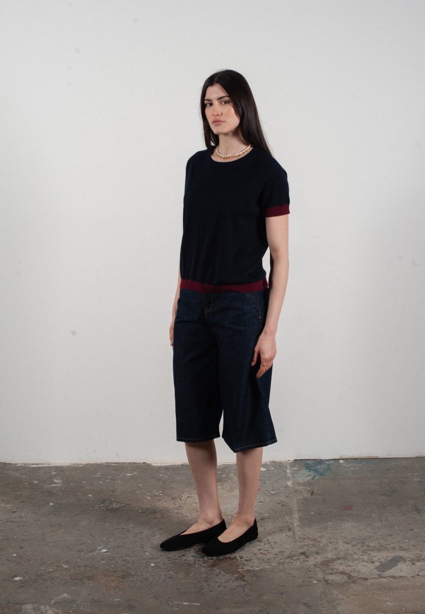 T shirt col rond manches courtes femme en cachemire & laine ultrafin bleu marine & rouge bordeaux - KELLY 1
