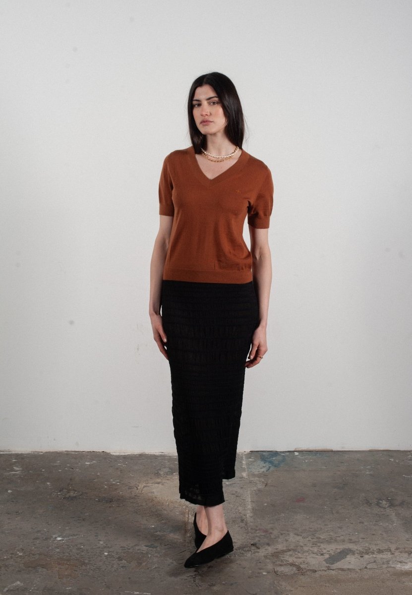 T-shirt col V manches courtes femme en cachemire et laine ultrafin marron clair - FRIDA 10-2
