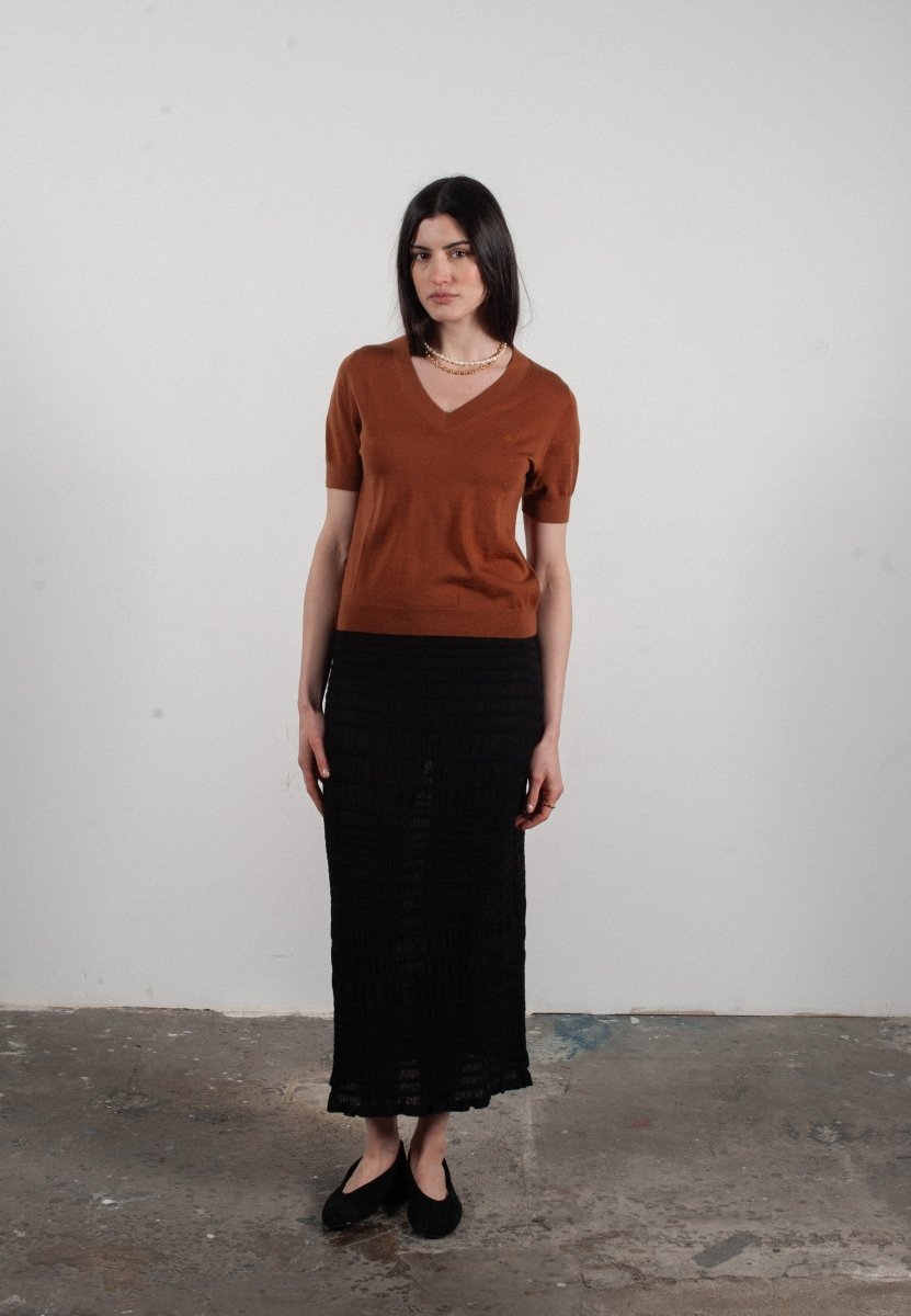 T-shirt col V manches courtes femme en cachemire et laine ultrafin marron clair - FRIDA 10-3