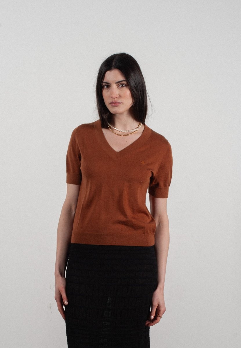 T-shirt col V manches courtes femme en cachemire et laine ultrafin marron clair - FRIDA 10-0